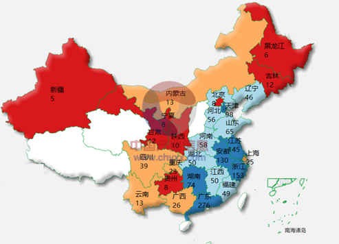 2015年上半年我國廢棄資源綜合利用行業(yè)規(guī)模以上企業(yè)區(qū)域分布圖2010